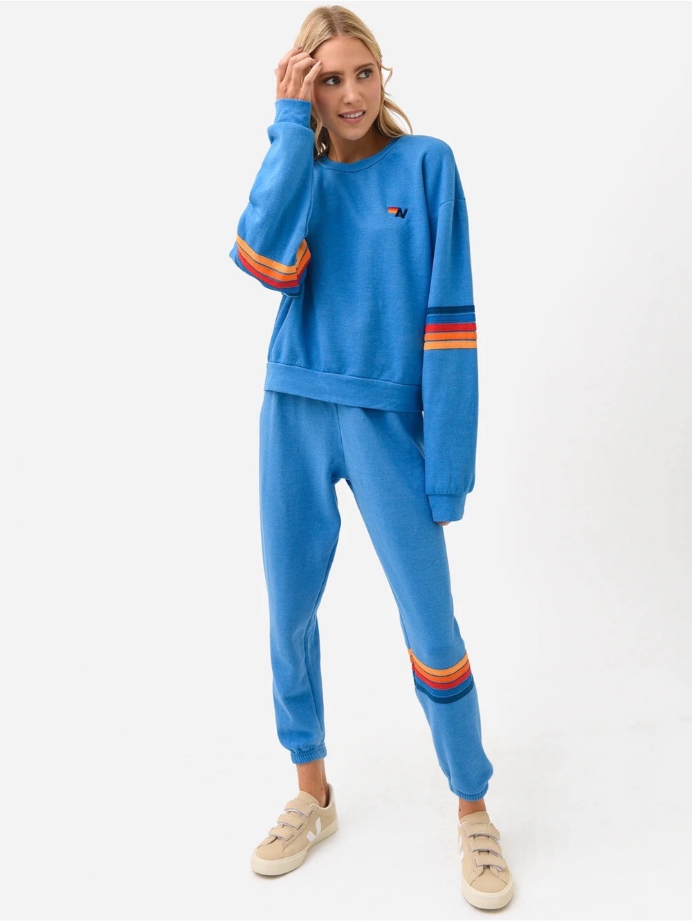Aviator Nation Rainbow Stitch Sleeve Crew Relaxed Sweatshirt - Picture 3 of 11